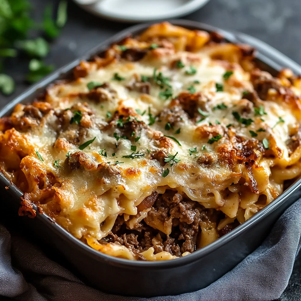 French Onion Beef and Pasta Casserole