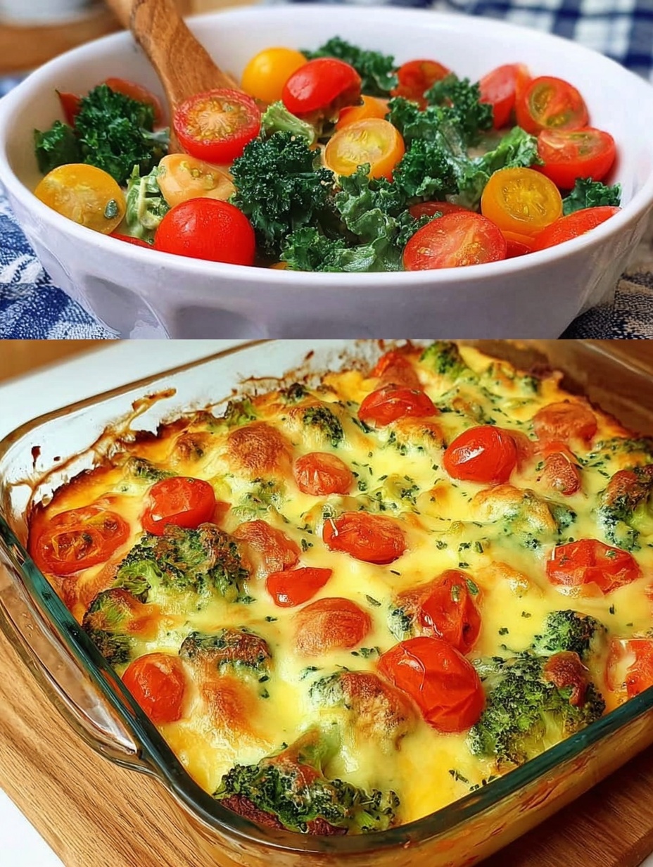 Creamy Baked Broccoli with Tomatoes and Kale