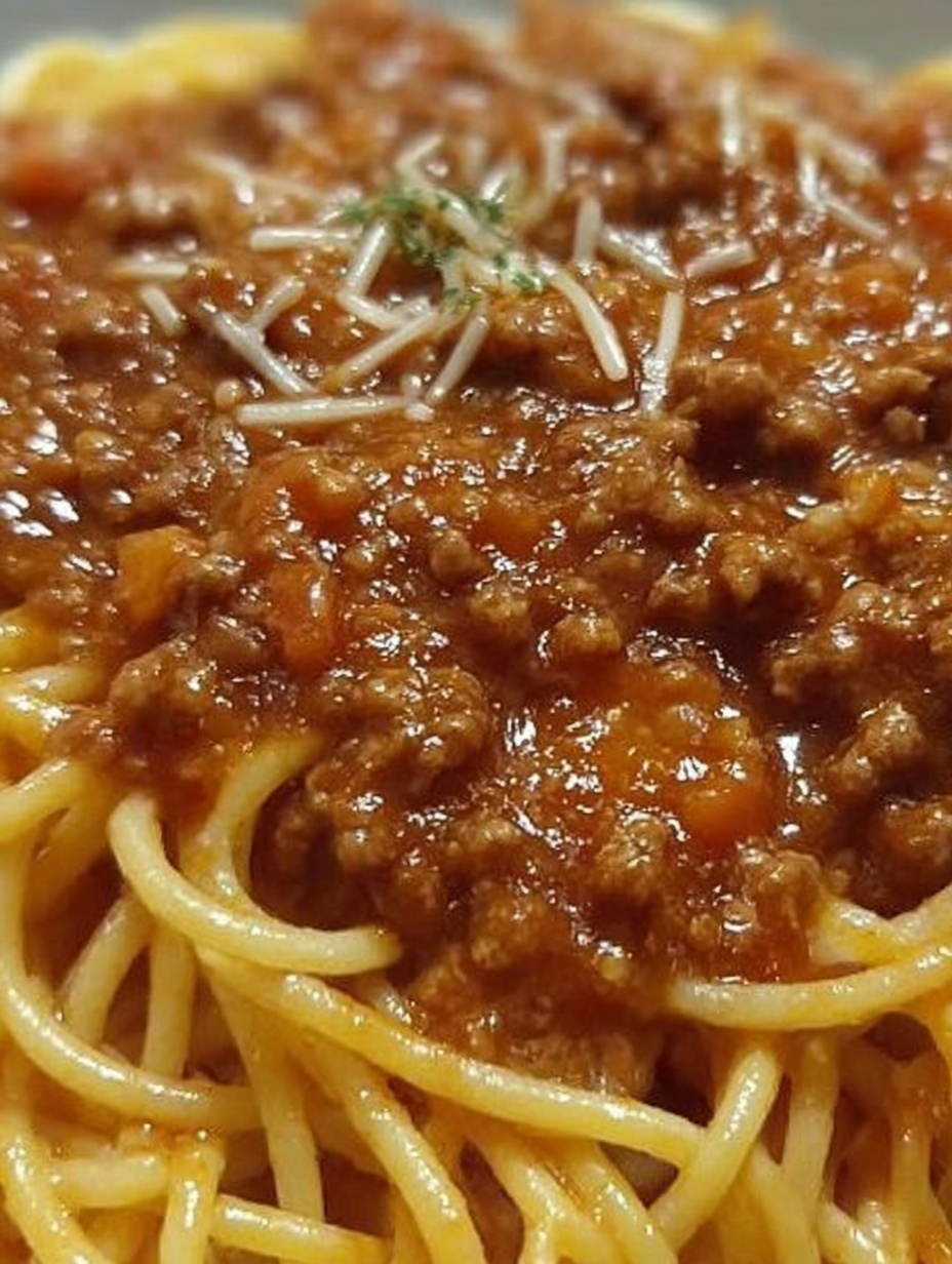 Serve the Bolognese sauce over the cooked spaghetti and top with freshly grated Parmesan cheese.