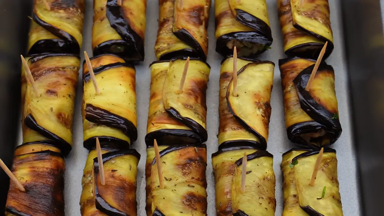 Eggplant roulade stuffed with meat and feta