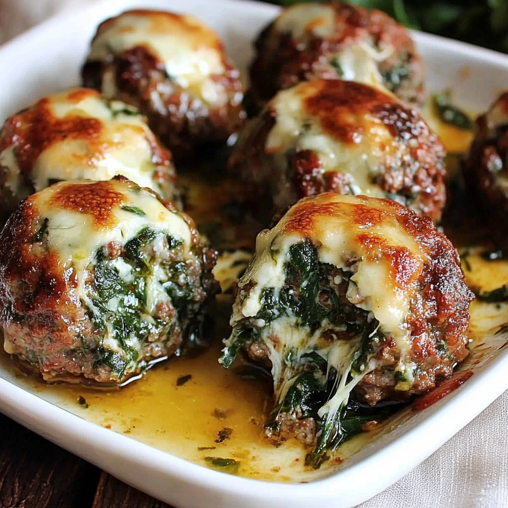 Spinach Garlic Meatballs Stuffed with Mozzarella Recipe
