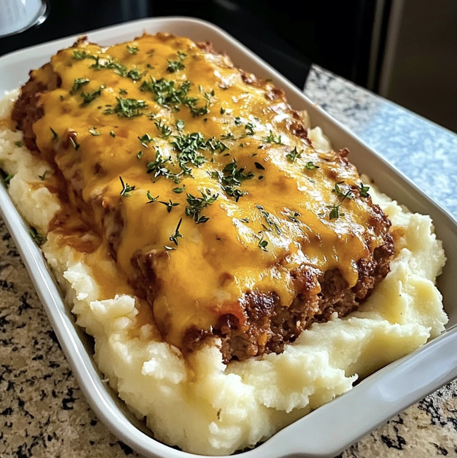 Cheesy meatloaf over mashed potatoes