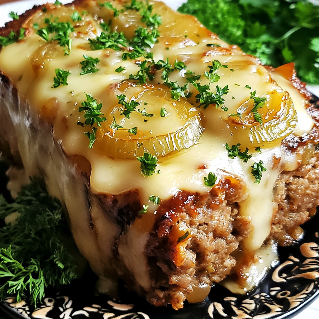 Crockpot French Onion Meatloaf with Melted Swiss Cheese