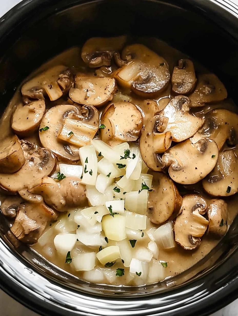 Arrange the sliced mushrooms and diced onion at the bottom of the slow cooker