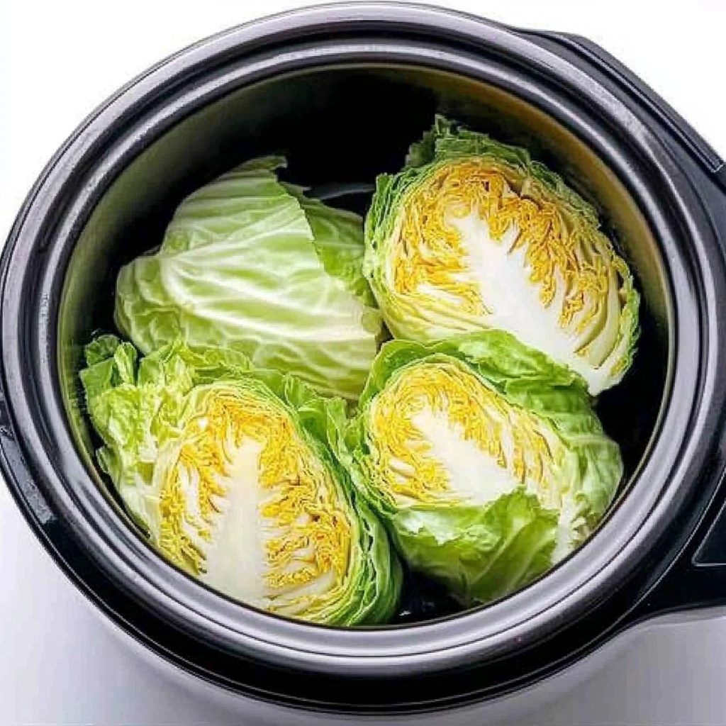 Put raw cabbage wedges in a slow cooker