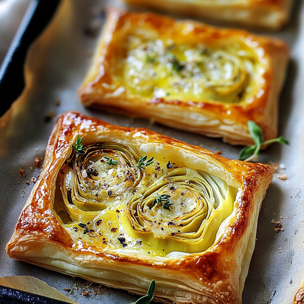 Cheesy Puff Pastry with Artichokes and Herbs