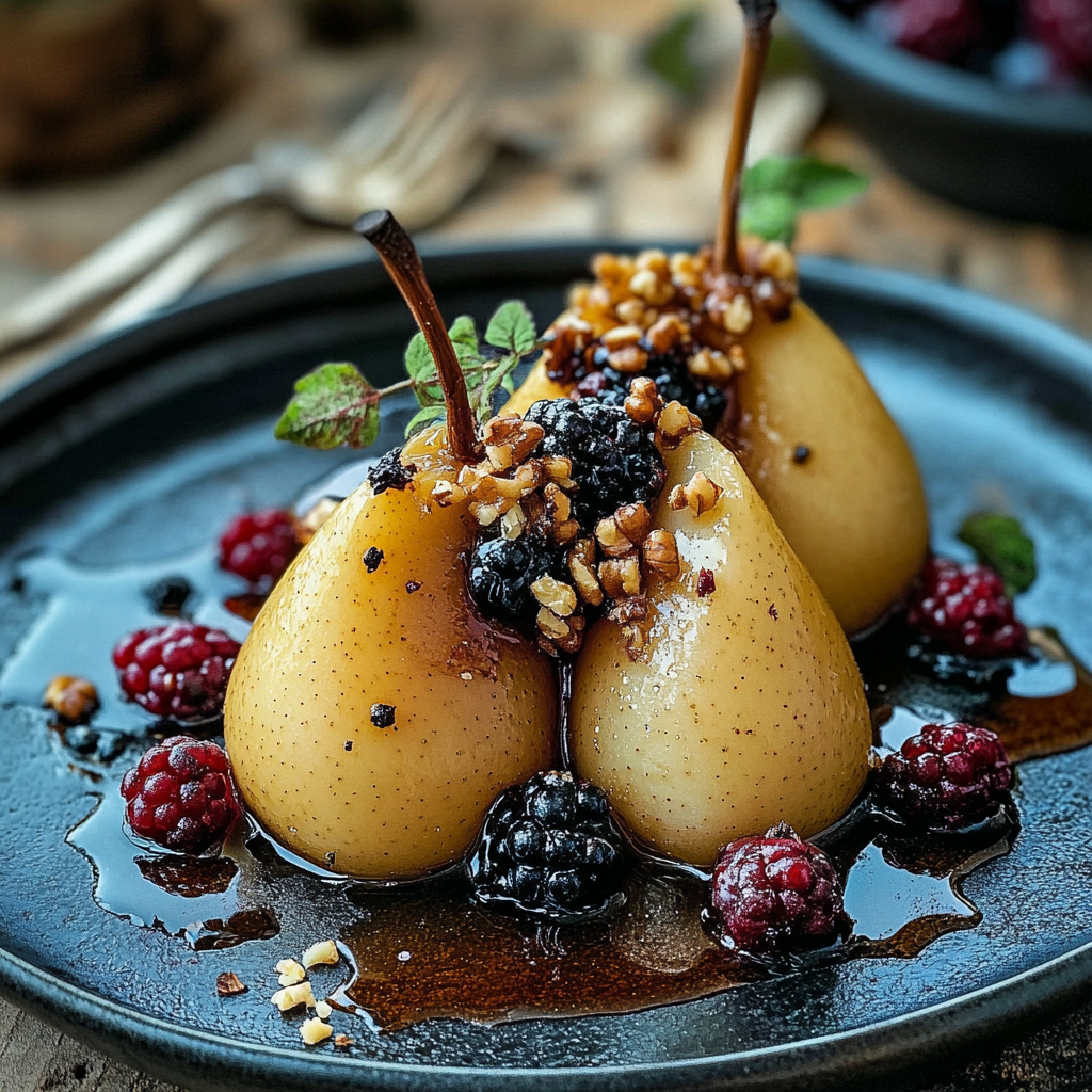 Baked Pears with Berries, Honey, Walnuts & Blue Cheese