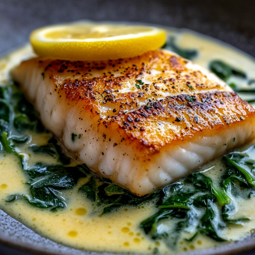 Lemon-Garlic Sea Bass with Creamed Spinach