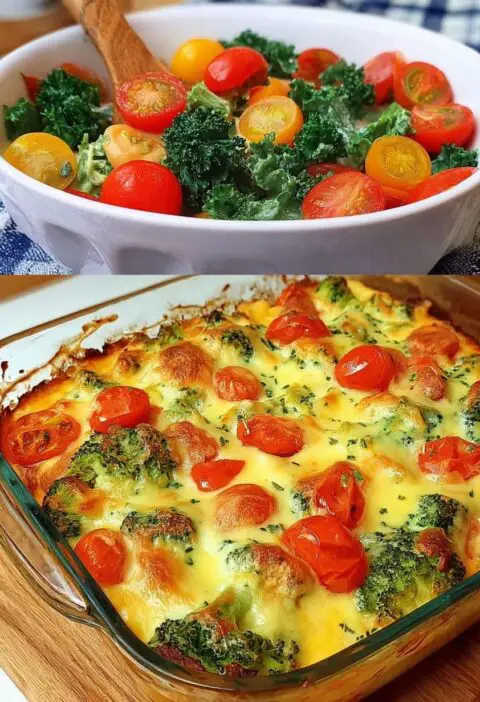 Creamy Baked Broccoli with Tomatoes and Kale