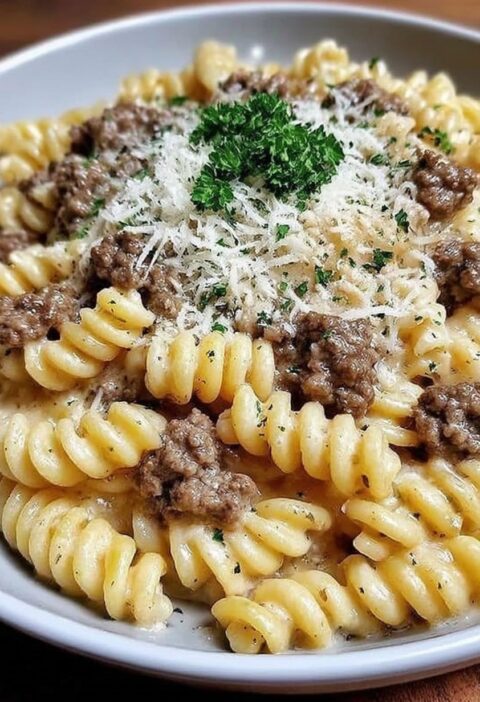 Beef and Rotini in Garlic Parmesan Sauce