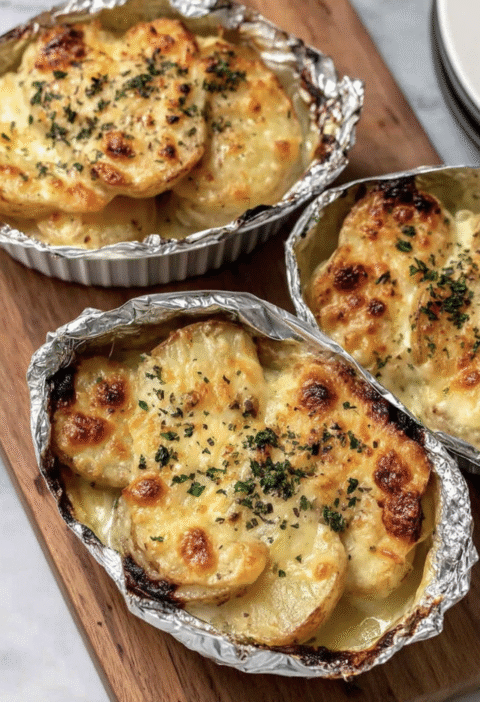 Herb-Infused Potatoes Au Gratin Foil Packets with Leeks