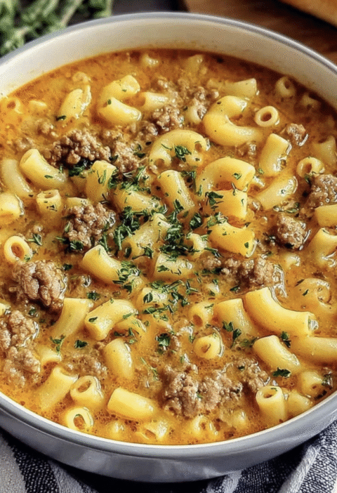 Cheesy Beef Macaroni Soup