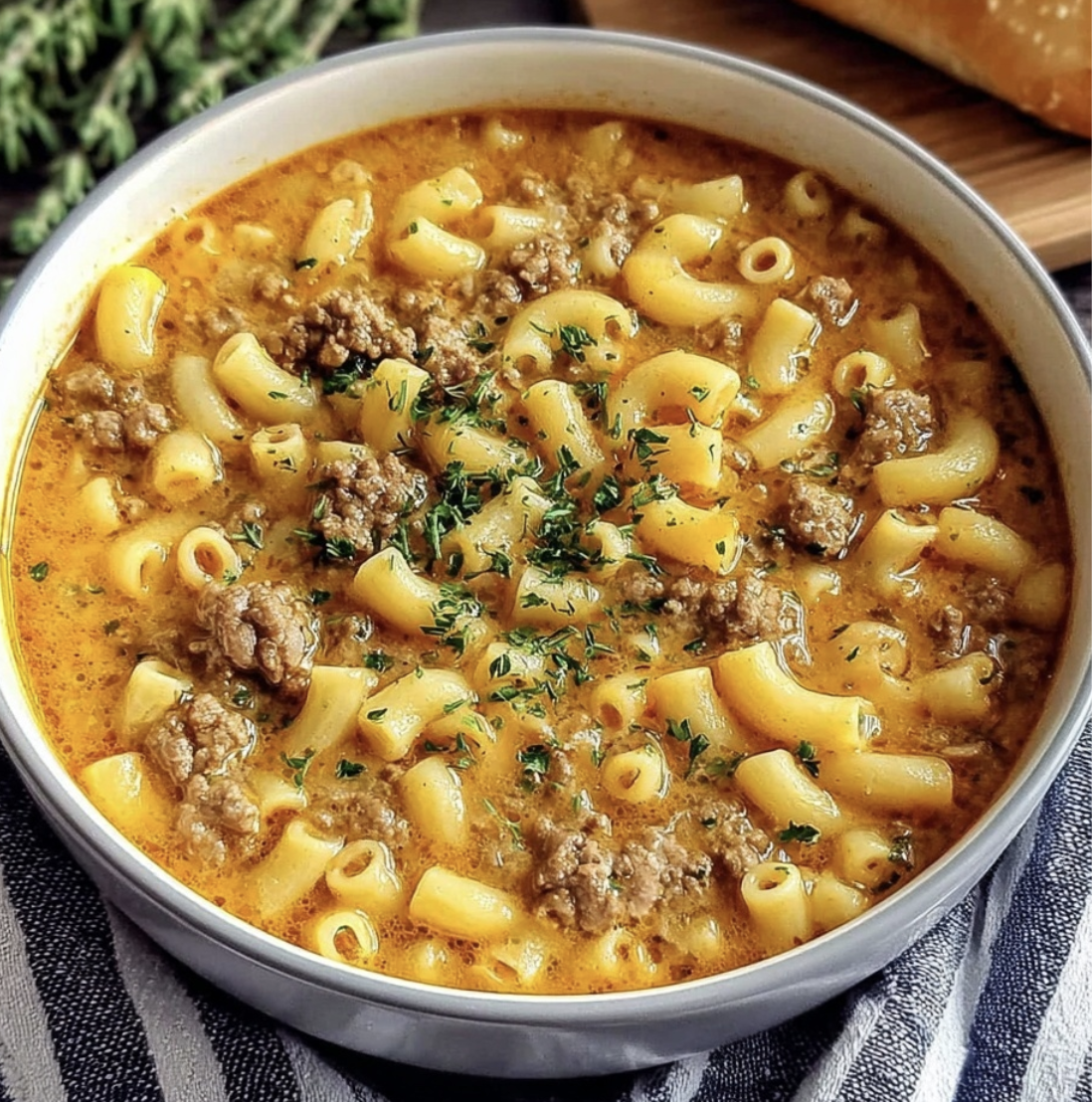 Cheesy Beef Macaroni Soup