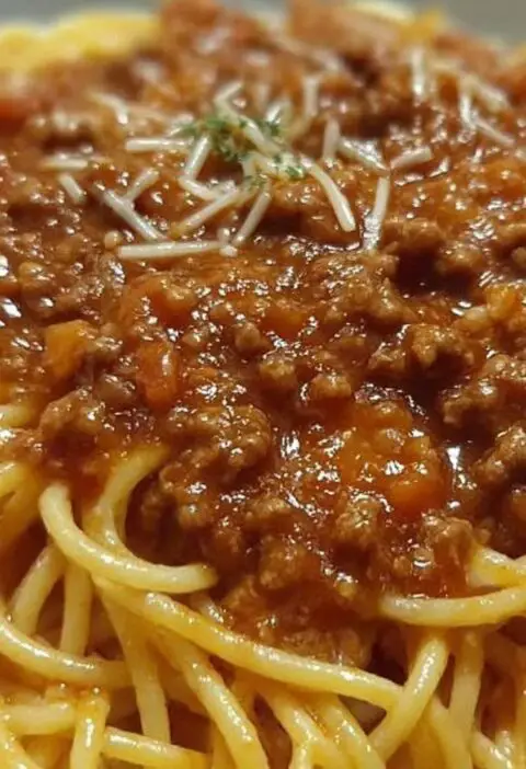 Serve the Bolognese sauce over the cooked spaghetti and top with freshly grated Parmesan cheese.