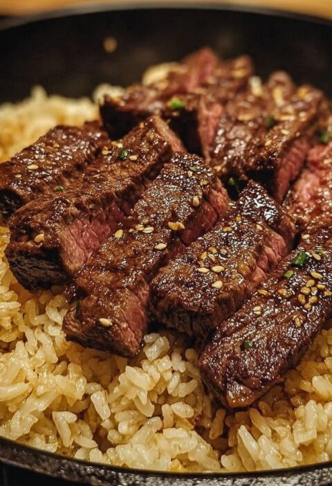 Honey Garlic Butter Steak and Rice Skillet.