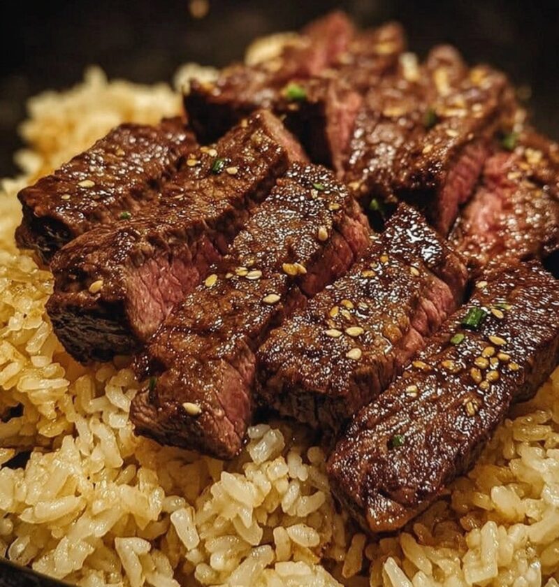 Honey Garlic Butter Steak and Rice Skillet.