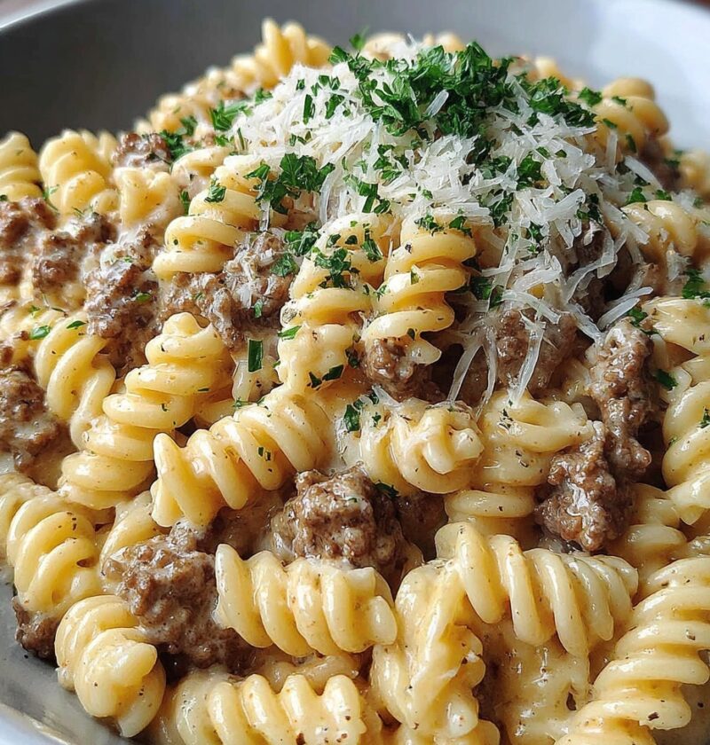 Beef and Rotini in Garlic Parmesan Sauce