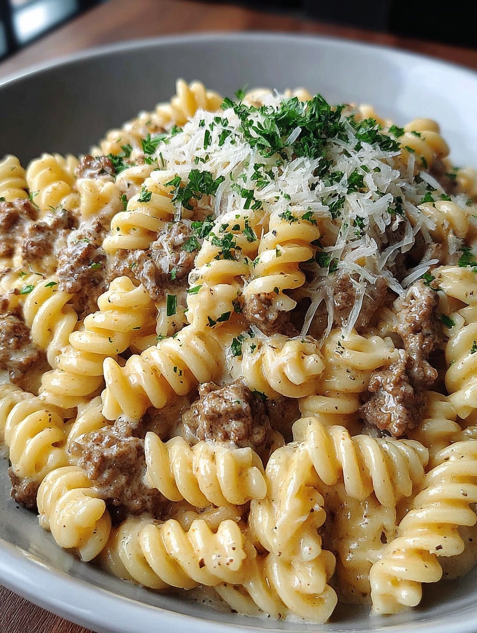 Beef and Rotini in Garlic Parmesan Sauce
