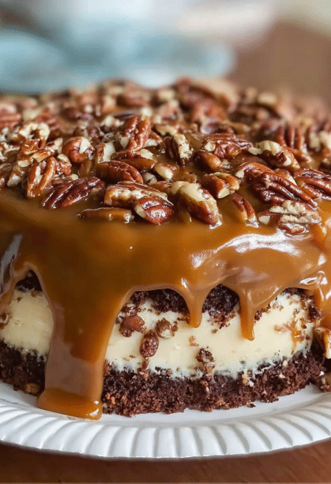 chocolate pecan caramel layer cake