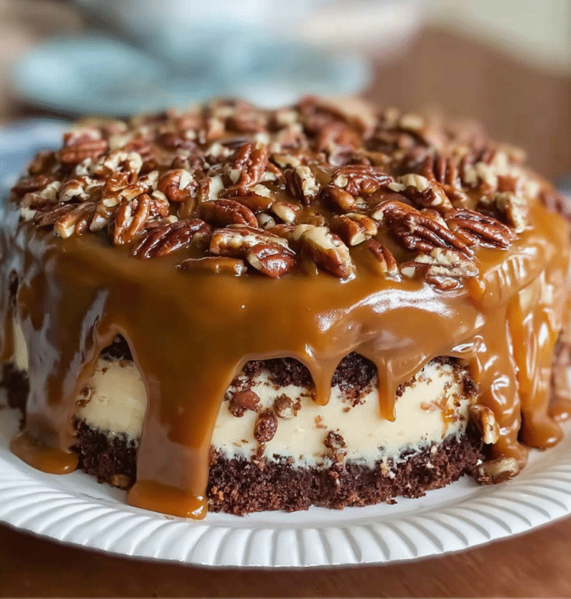 chocolate pecan caramel layer cake