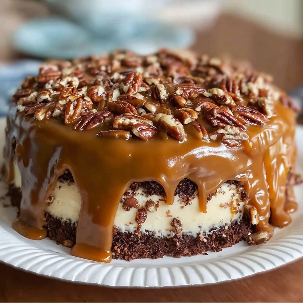 chocolate pecan caramel layer cake