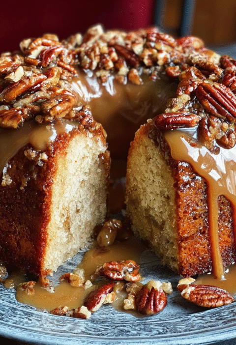 Caramel Brown Sugar Pound Cake with Candied Pecans