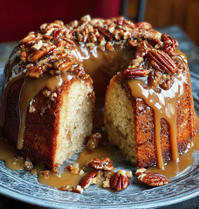Caramel Brown Sugar Pound Cake with Candied Pecans
