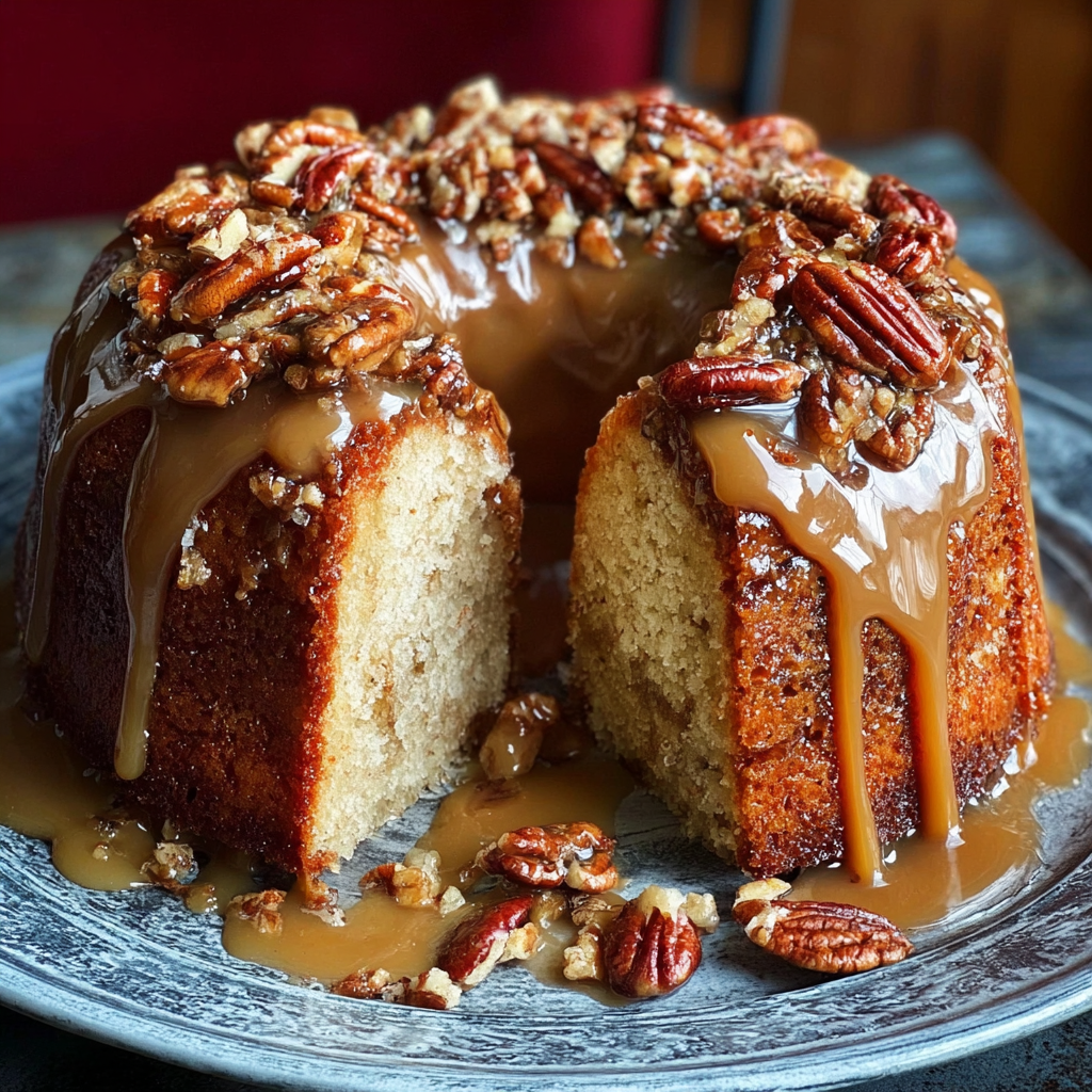 Caramel Brown Sugar Pound Cake with Candied Pecans