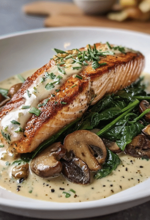 Creamy Garlic Butter Salmon with Spinach & Mushrooms