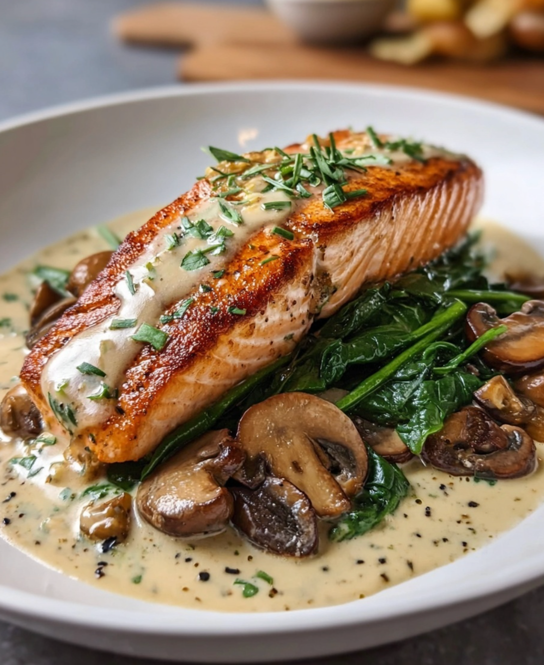 Creamy Garlic Butter Salmon with Spinach & Mushrooms