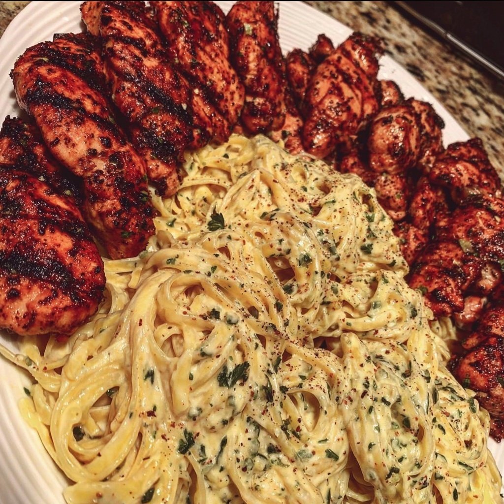 Creamy Garlic Butter Chicken & Linguine in Alfredo Sauce