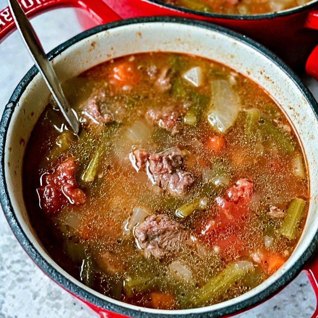 Beef Vegetable Soup is made with tender chunks of slowly simmered chuck roast with onions