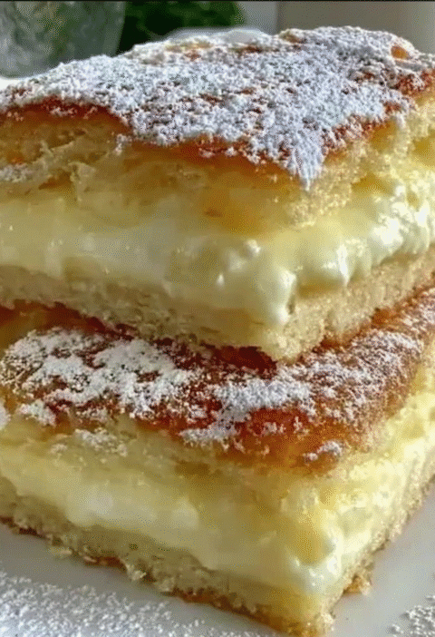 creamy custard  filled vanilla cake squares soft light dreamily delicious