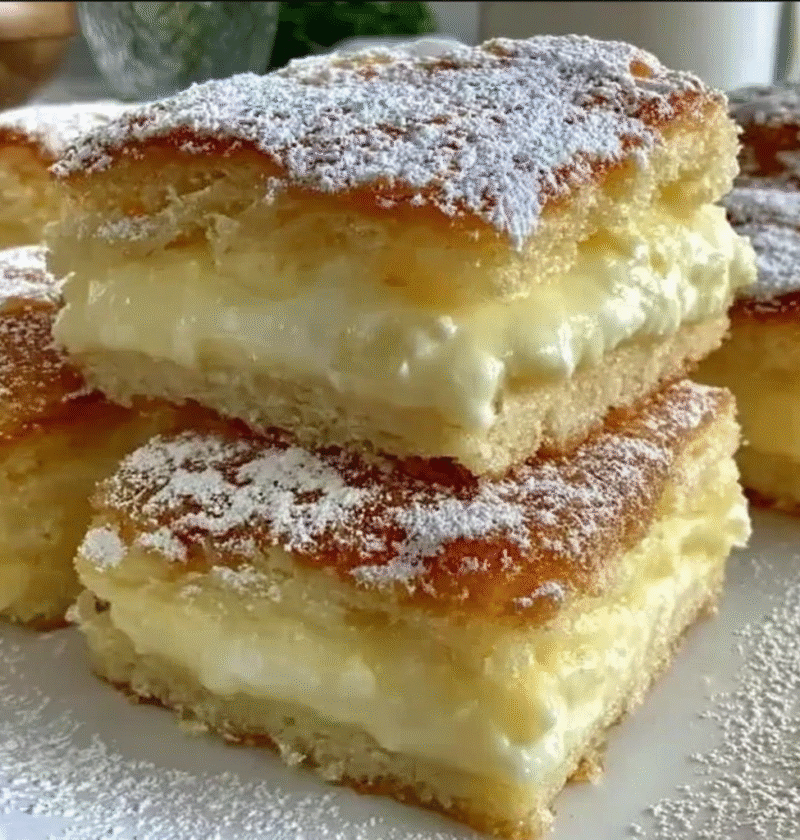 creamy custard  filled vanilla cake squares soft light dreamily delicious
