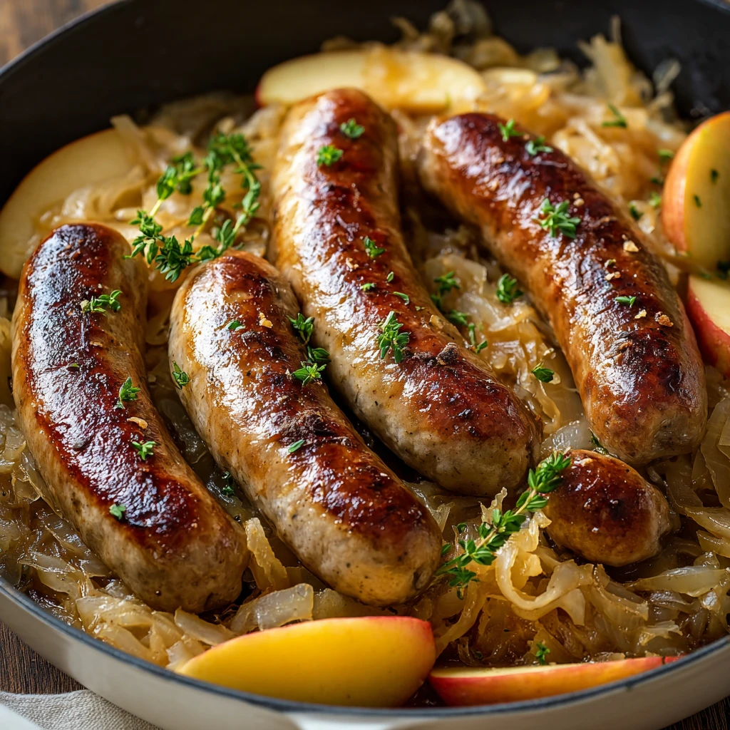 Bratwurst with Sauerkraut, Apples, and Onions – A German-Inspired Comfort Dish