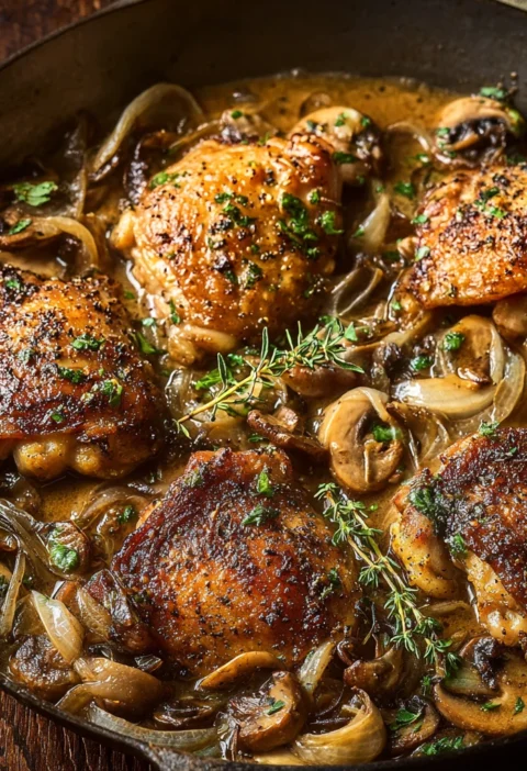 Ciderbraised Chicken Caramelized Onions Herbs