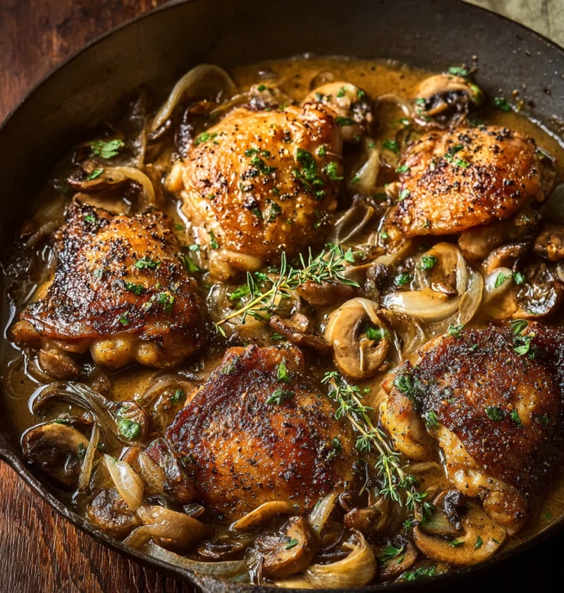 Ciderbraised Chicken Caramelized Onions Herbs