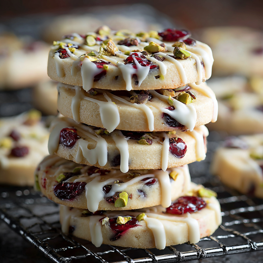 White Chocolate Drizzled Cranberry-Pistachio Shortbread Cookies