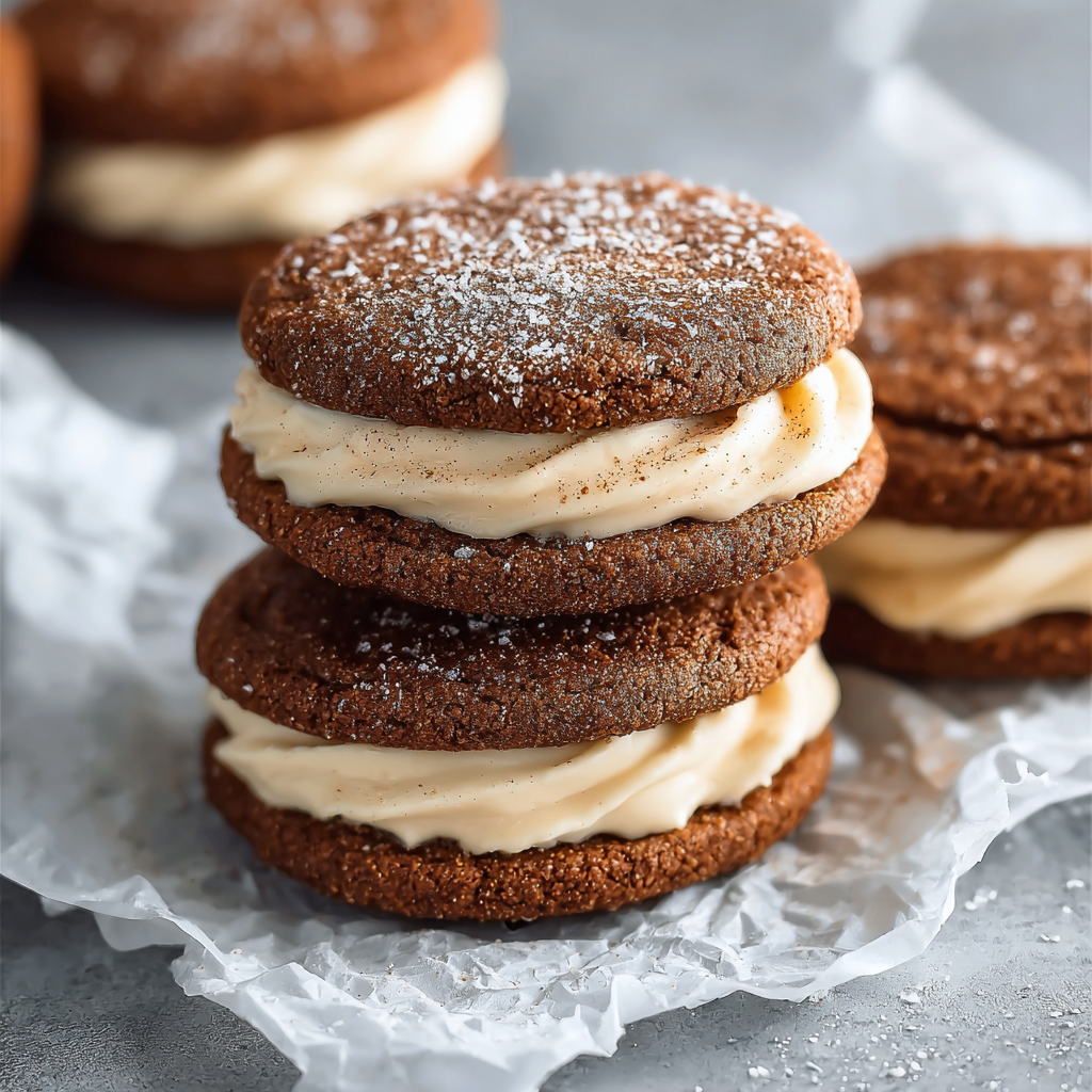 Ginger Molasses Sandwich Cookies with Eggnog Frosting