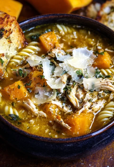 Pumpkin Chicken Soup Pasta Fontina Toast Cozy Flavorful