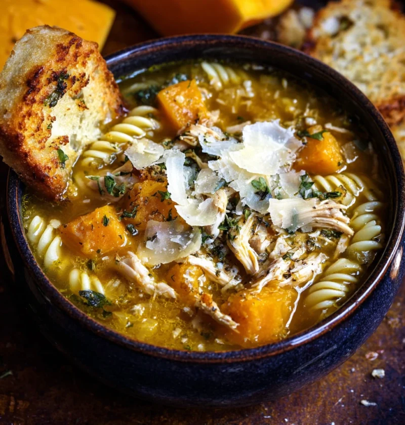 Pumpkin Chicken Soup Pasta Fontina Toast Cozy Flavorful