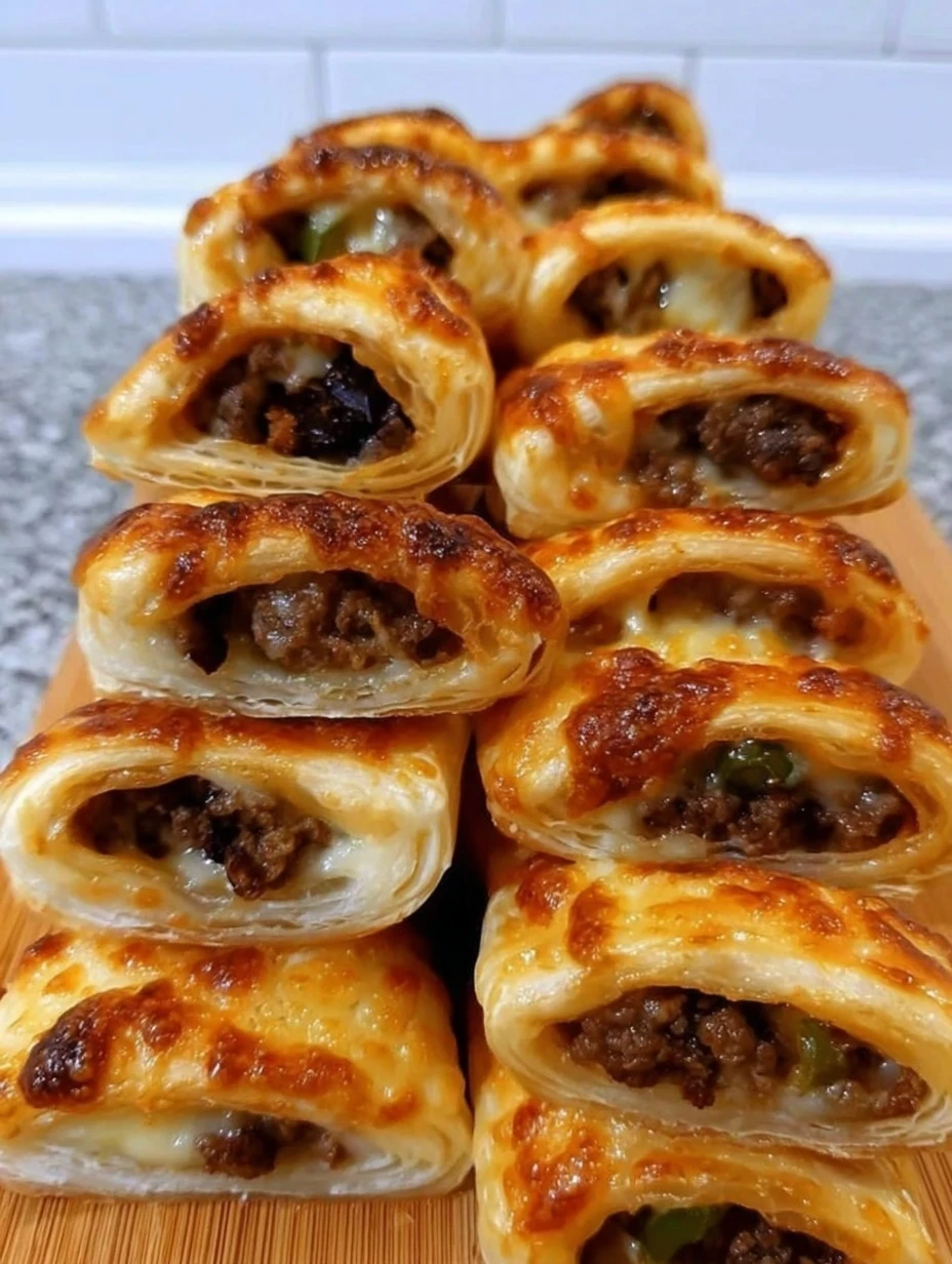 cheesy-beef -stuffed puff pastry rolls